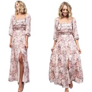 Baltic Born Florence Floral Maxi Dress Size Small Ruffle Slit Front Chiffon